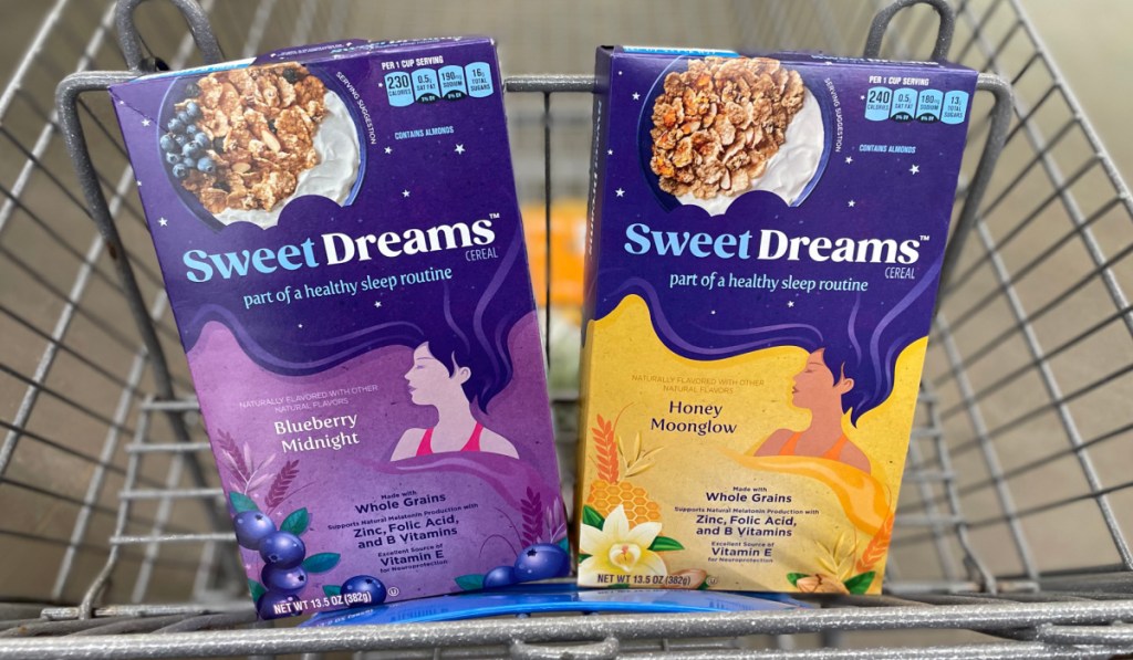 2 Boxes of Sweet Dreams Cereal in a shopping cart