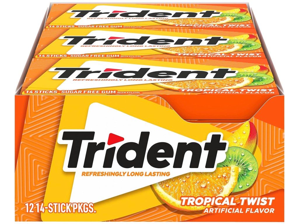 box of trident gum in tropical twist flavor