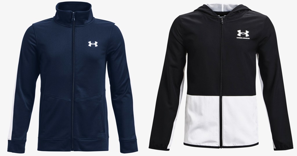 navy blue and black/white under armour jackets