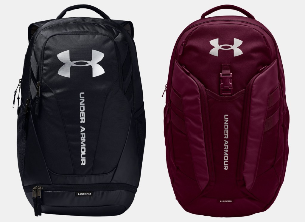 UA backpacks on sale in black and burgundy