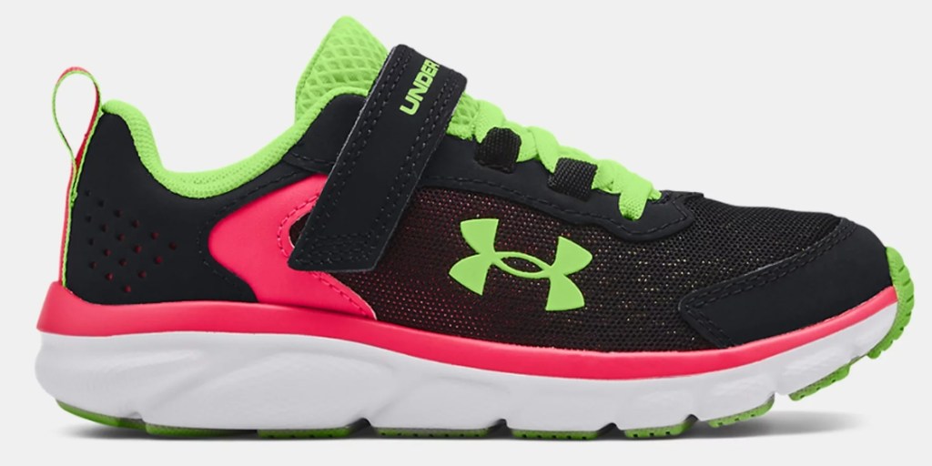 White, black, pink, and green running shoe