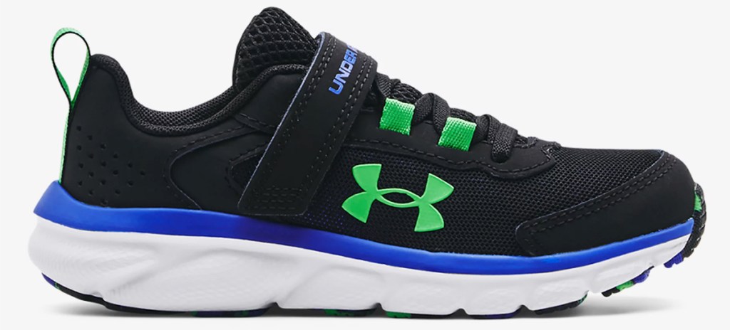 black, blue, and green under armour running shoe