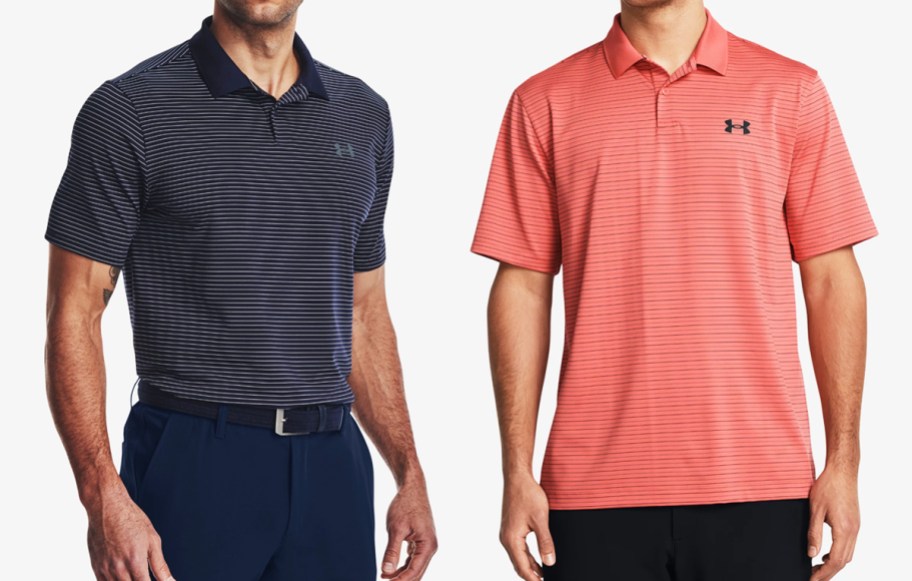 men in navy blue and orange striped polos