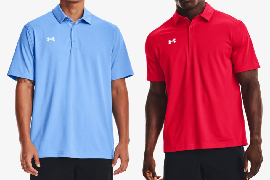 men in light blue and red polo shirts