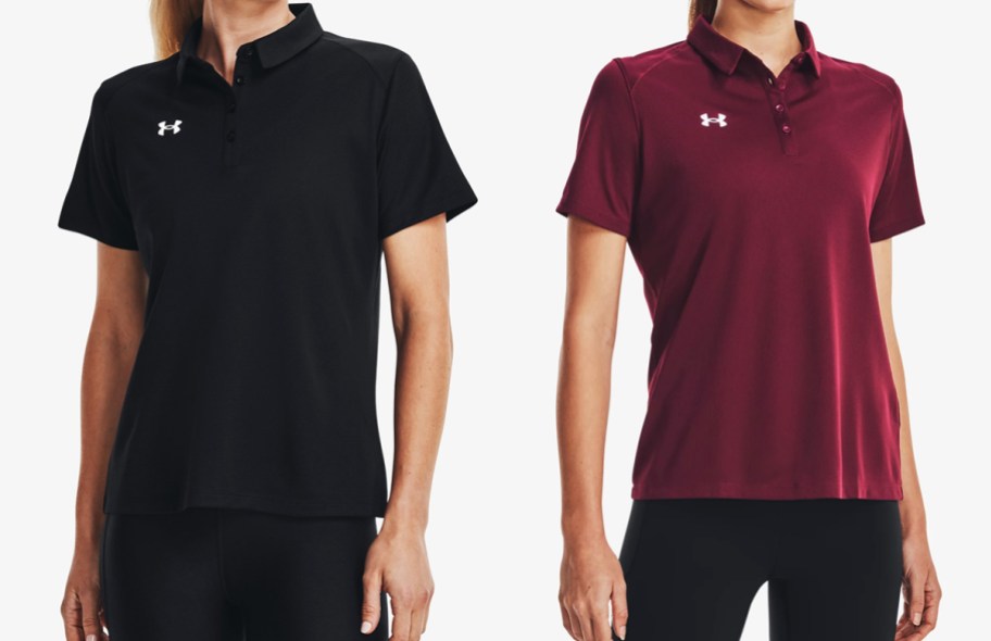 women in black and maroon polo shirts