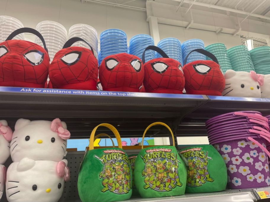 A number of Walmart Easter Baskets on shelves including Spiderman, TMNT, and Hello Kitty