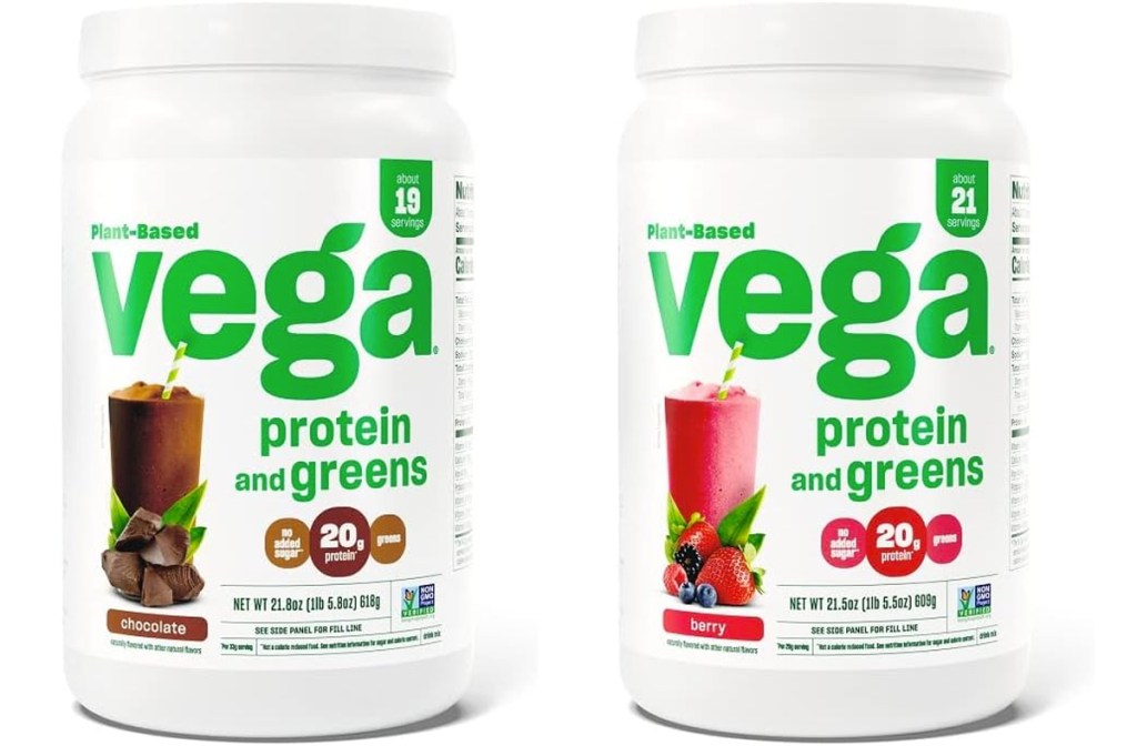 two containers of Vega Protein and Greens protein powder