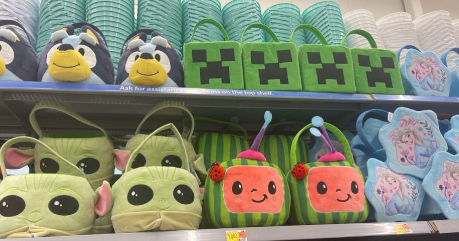 A number of Walmart Easter Baskets on shelves including Minecraft, Grogu, Bluey, and Cocomelon