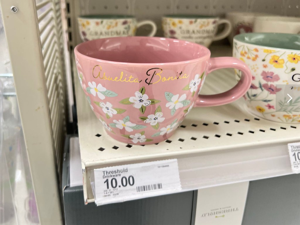 pink flower mom mug on shelf