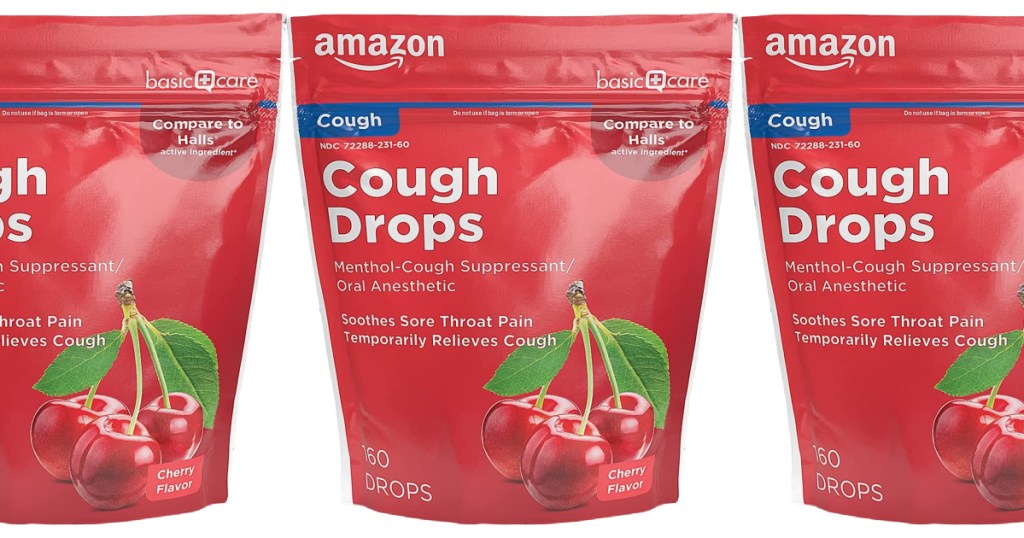 three side by side stock images of packages of amazon basic care cough drops