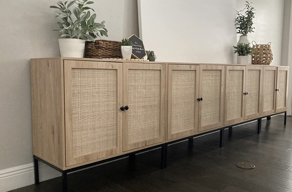 long natural sideboard console table against wall