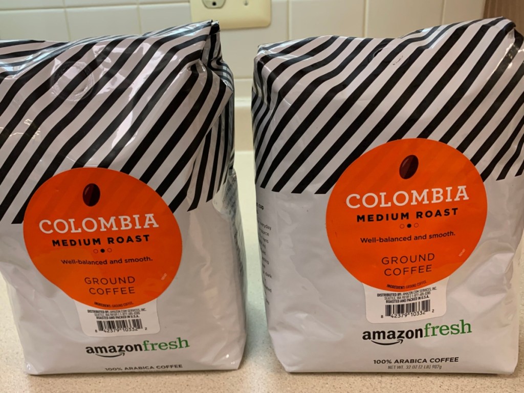 two bags of Amazon brand ground coffee