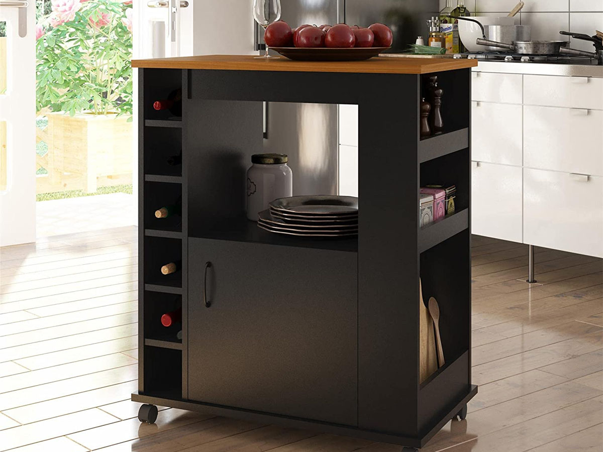 black and brown rolling kitchen cart with wine bottles 
