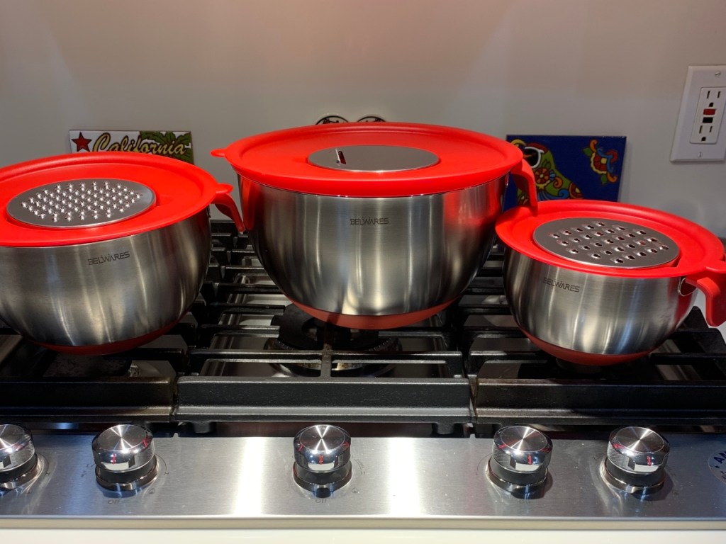 stainless mixing bowls with red lids
