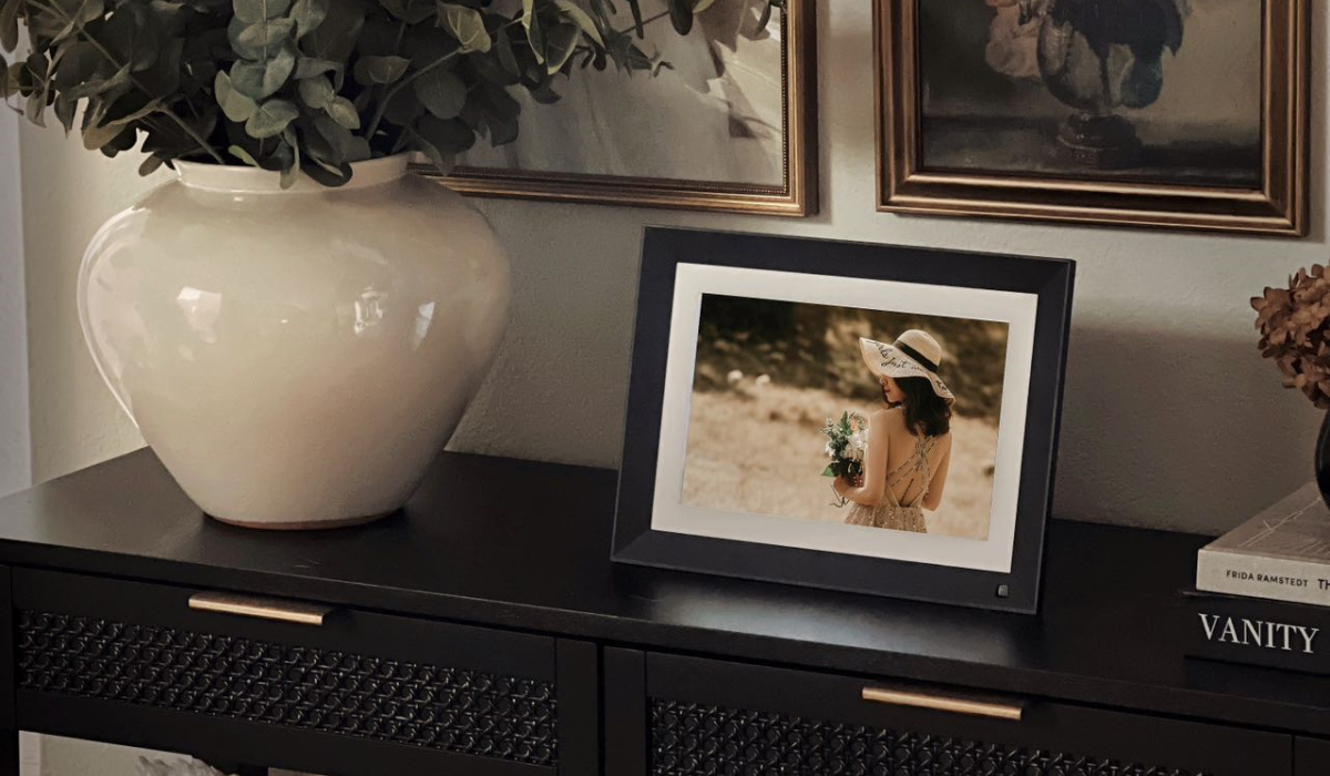 digital picture frame on cabinet