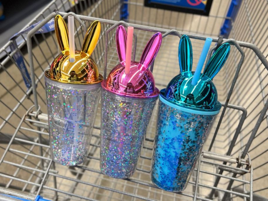 3 double walled plastic bunny tumblers with bunny ear lids, straws and glitter 