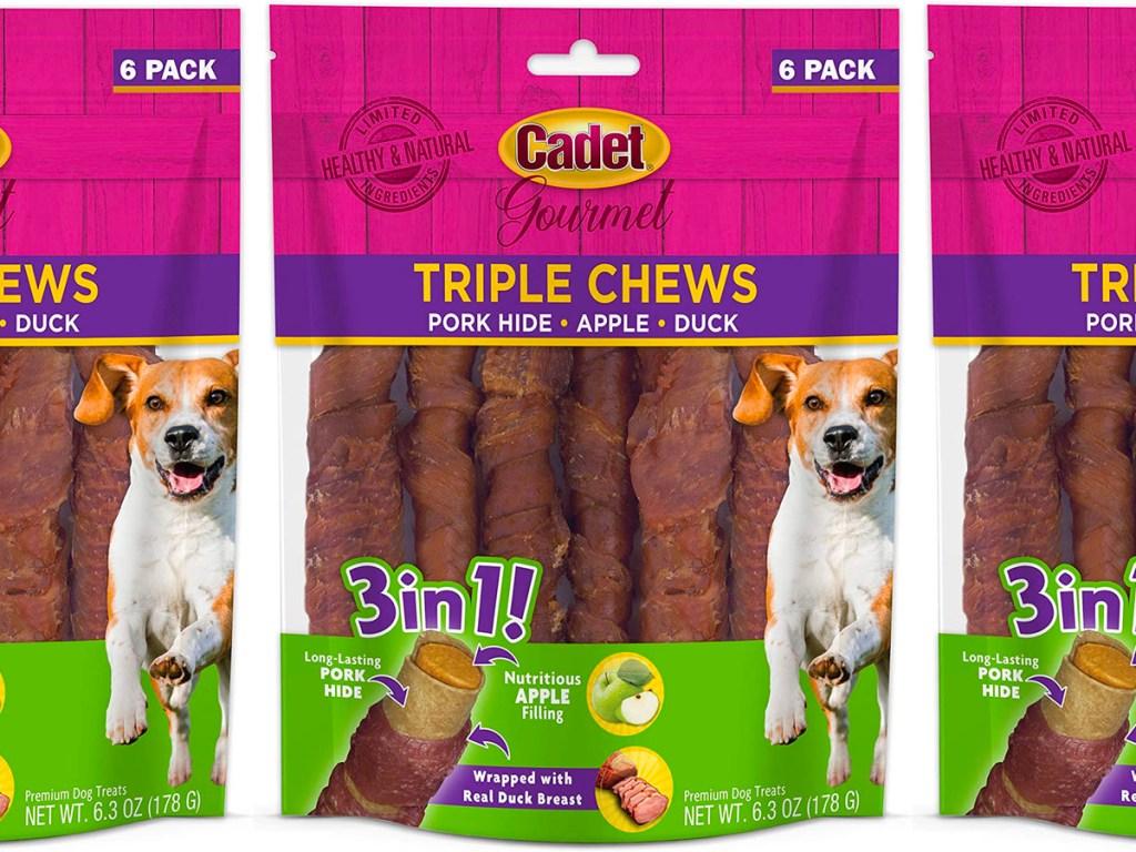 three bags of cadet triple chew dog treats