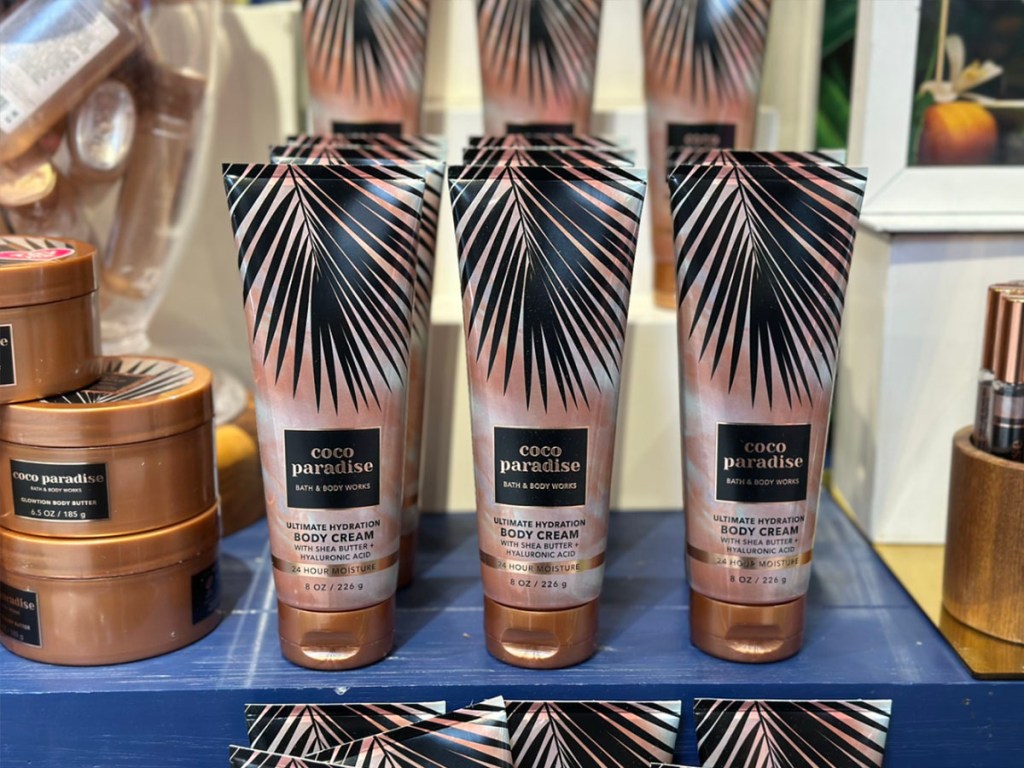 coco paradise body cream on display in bath and body works store