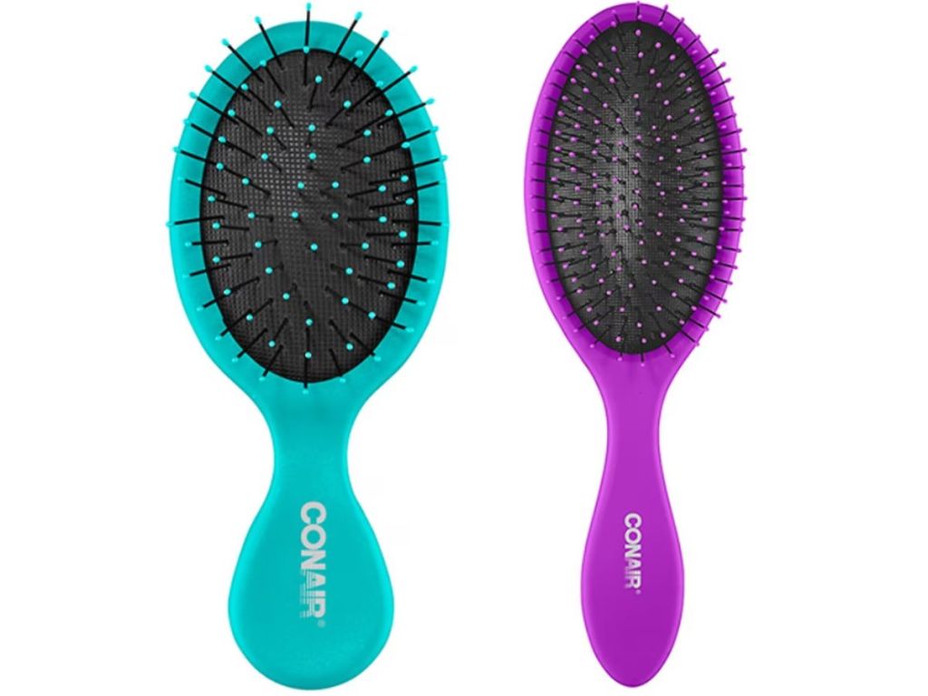 small teal Conair hairbrush and Conair purple hairbrush