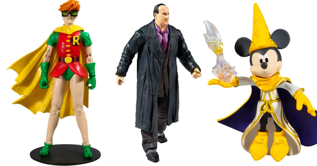 robin, the penguin and mickey mouse action figure stock images