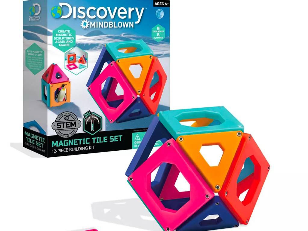 discovery kids magnetic tile set box and tiles
