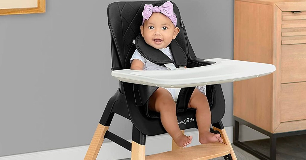 dream on me highchair in living room with dresser in background