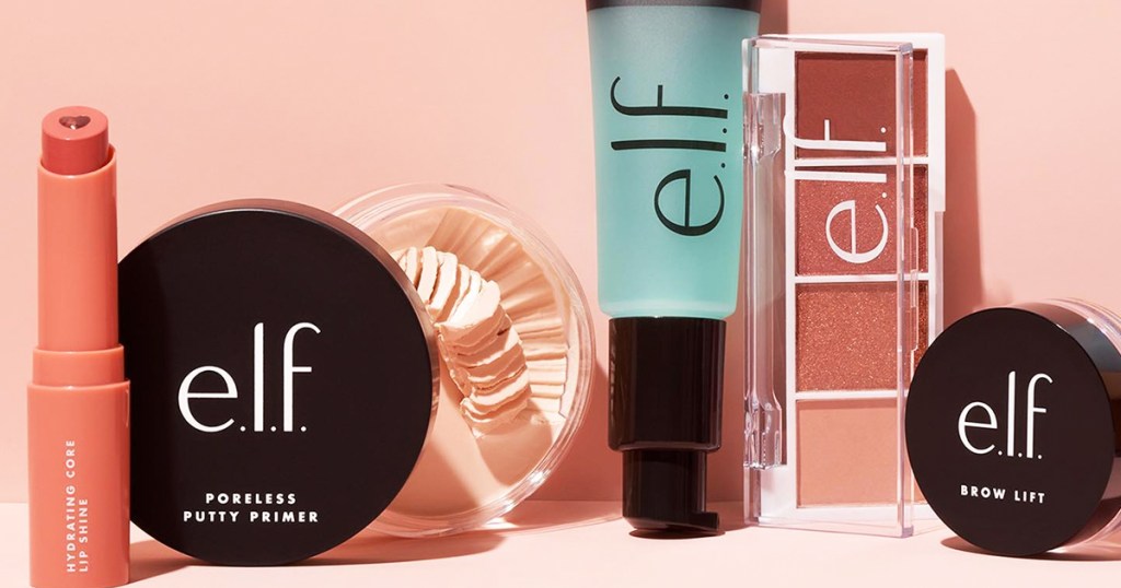 multiple elf cosmetics products on pink background