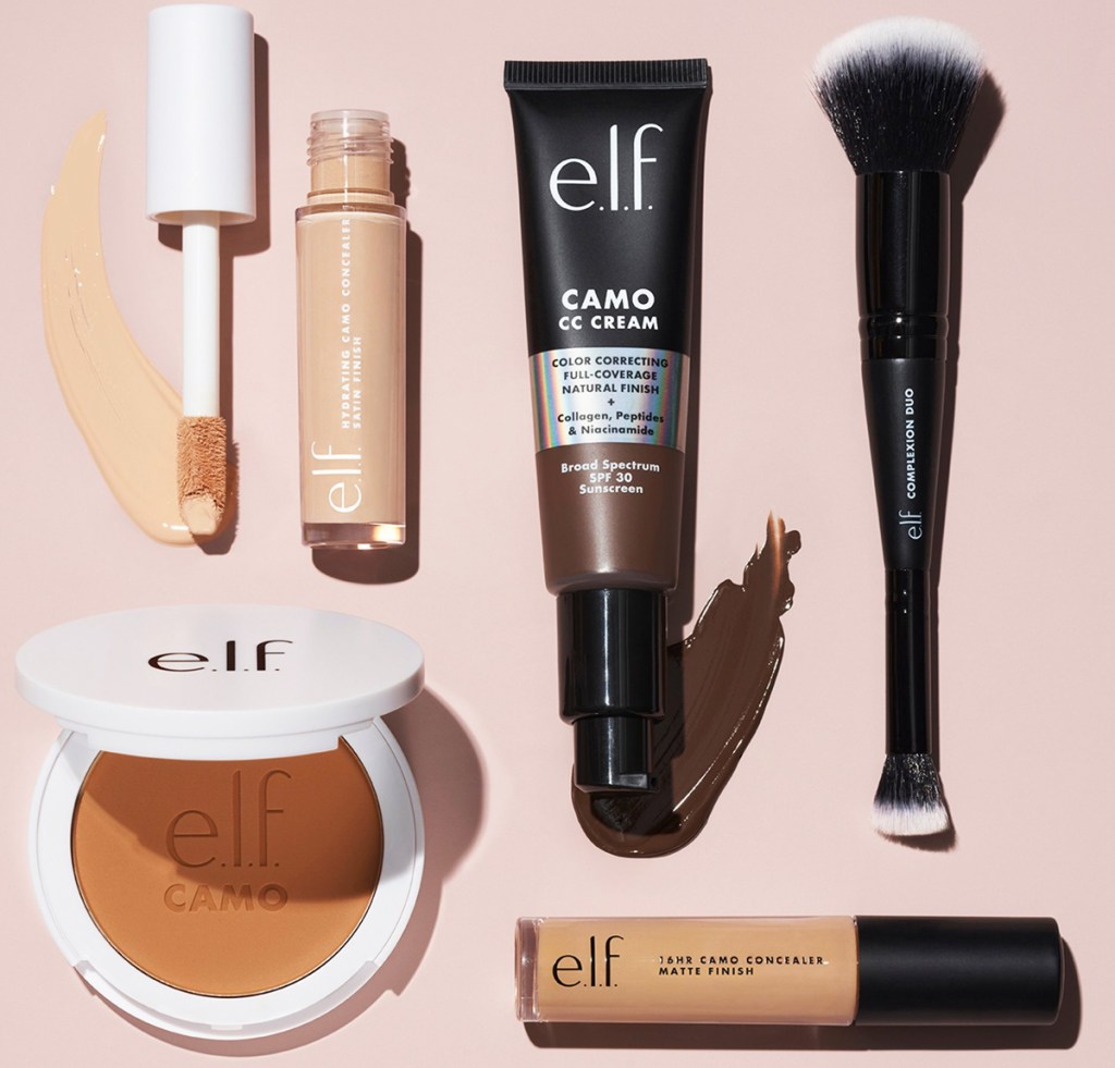multiple elf cosmetics products on pink background