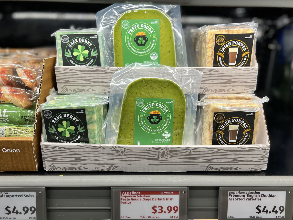 st patricks day gouda cheeses in box on shelf