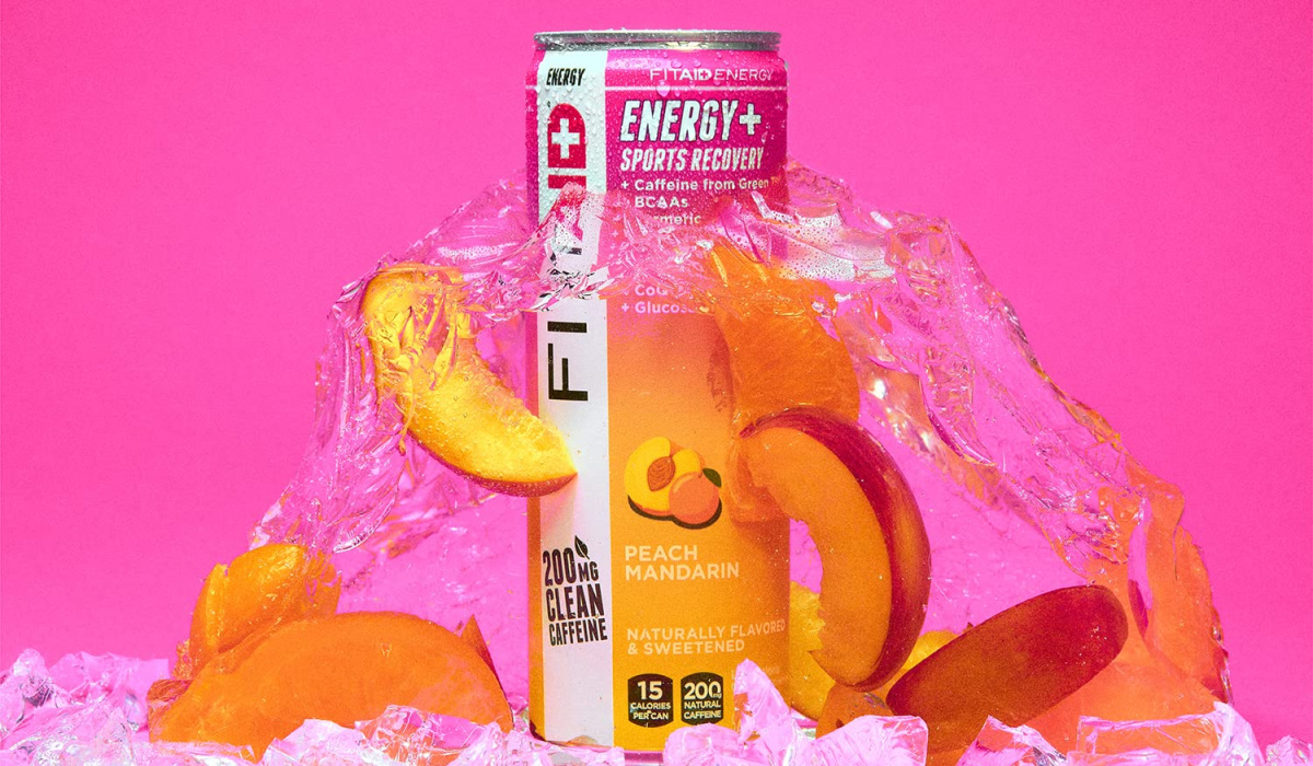 fitaid energy can, peach slices and ice