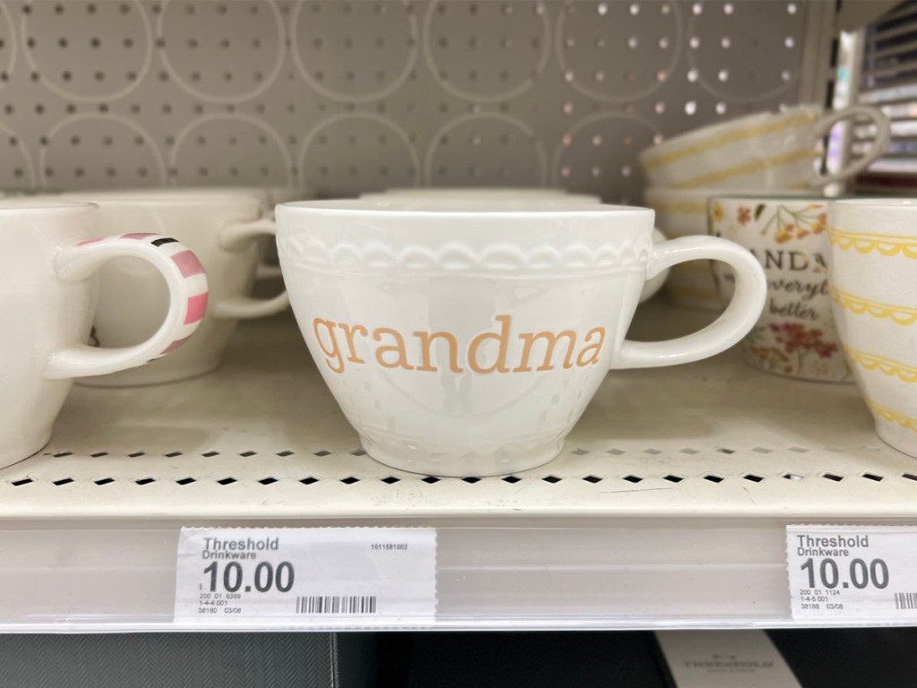 white grandma mug on shelf
