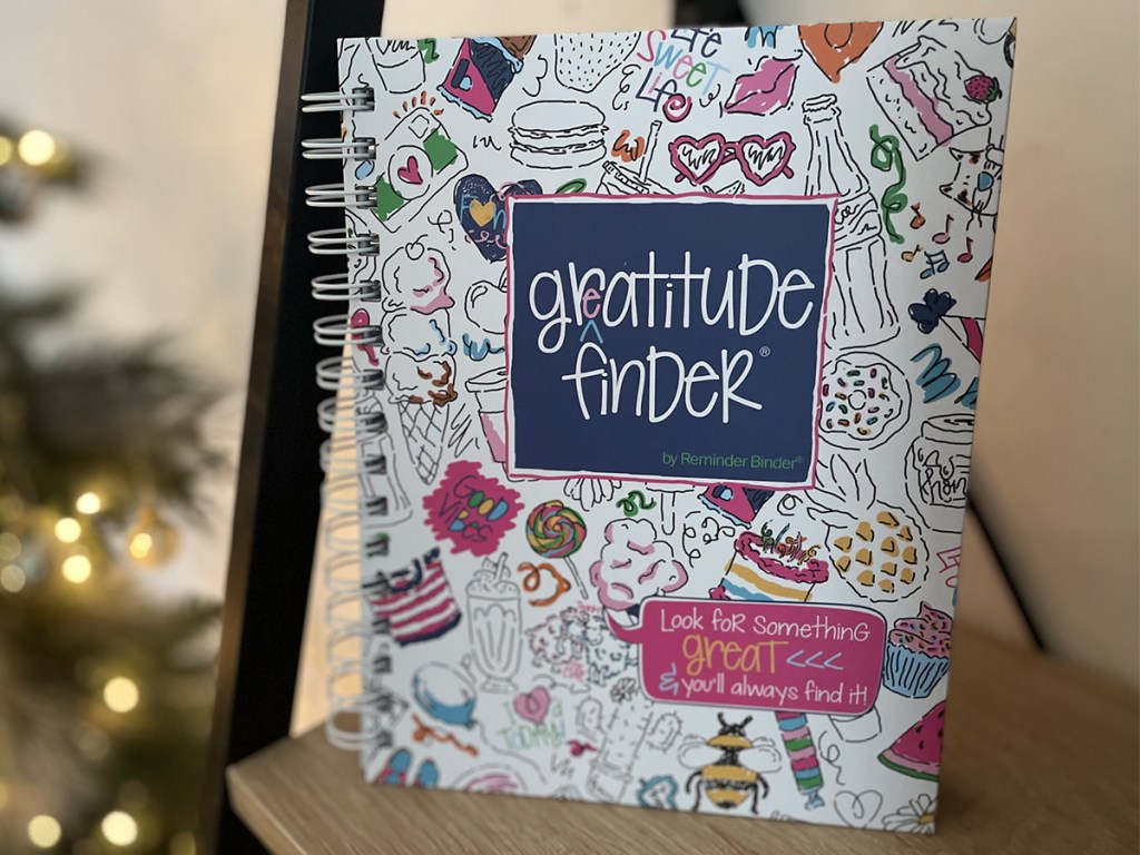 gratitude journal sitting on shelf 