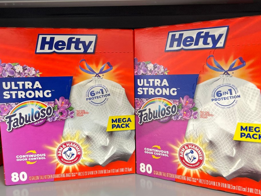 two boxes of hefty ultra strong trash bags