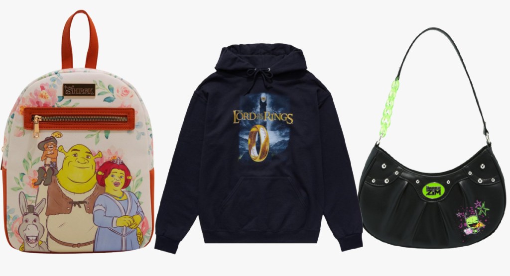 hot topic Shrek bag, lord of the rings hoodie and hand bag