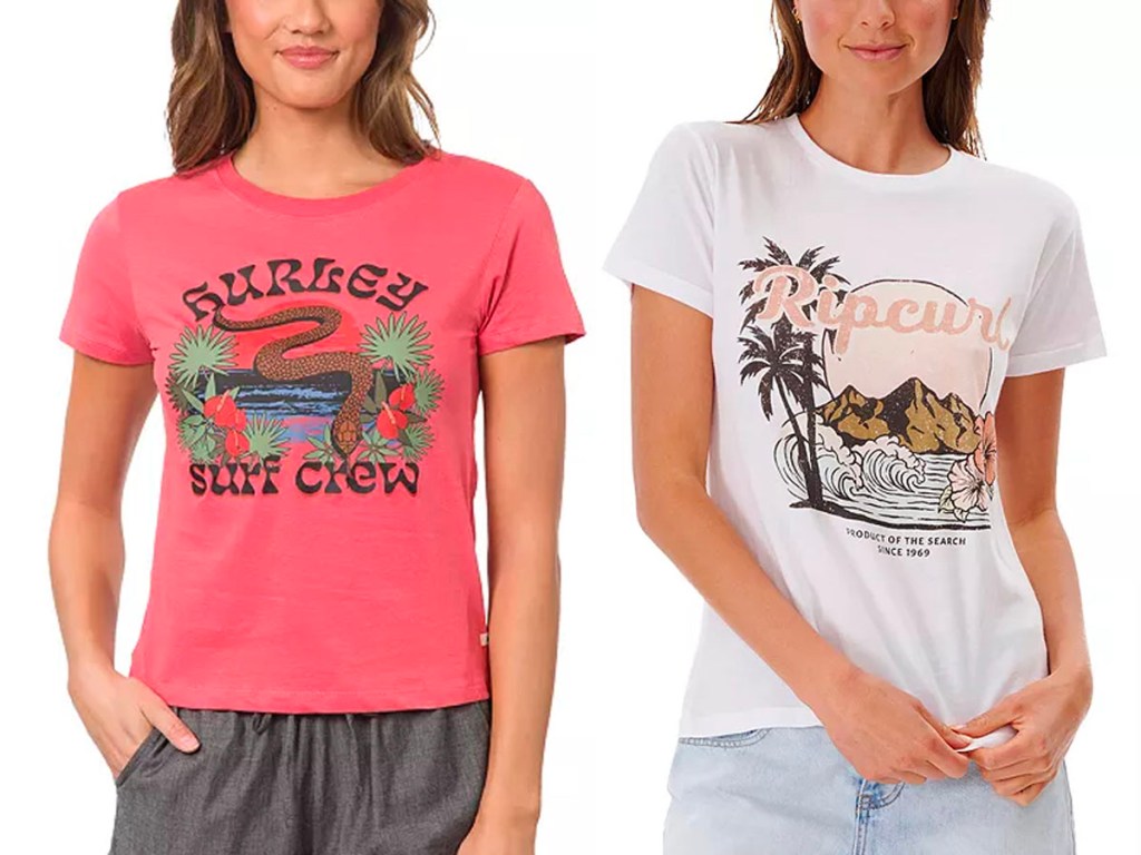 women wearing pink hurley tee and white rip curl tee