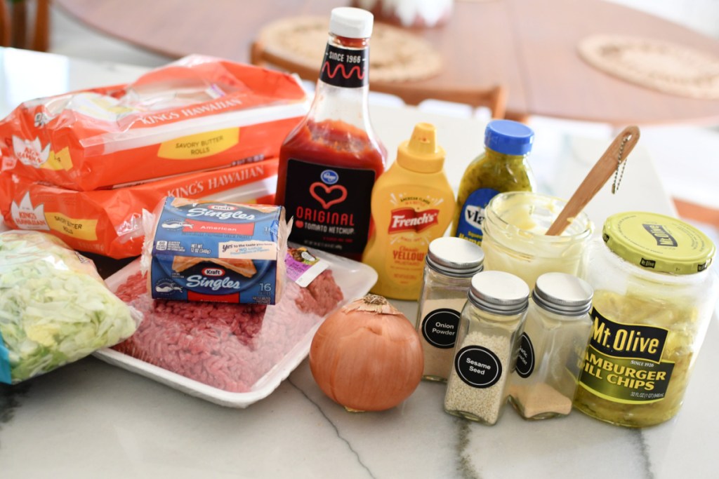ingredients on the counter for big mac sliders recipe