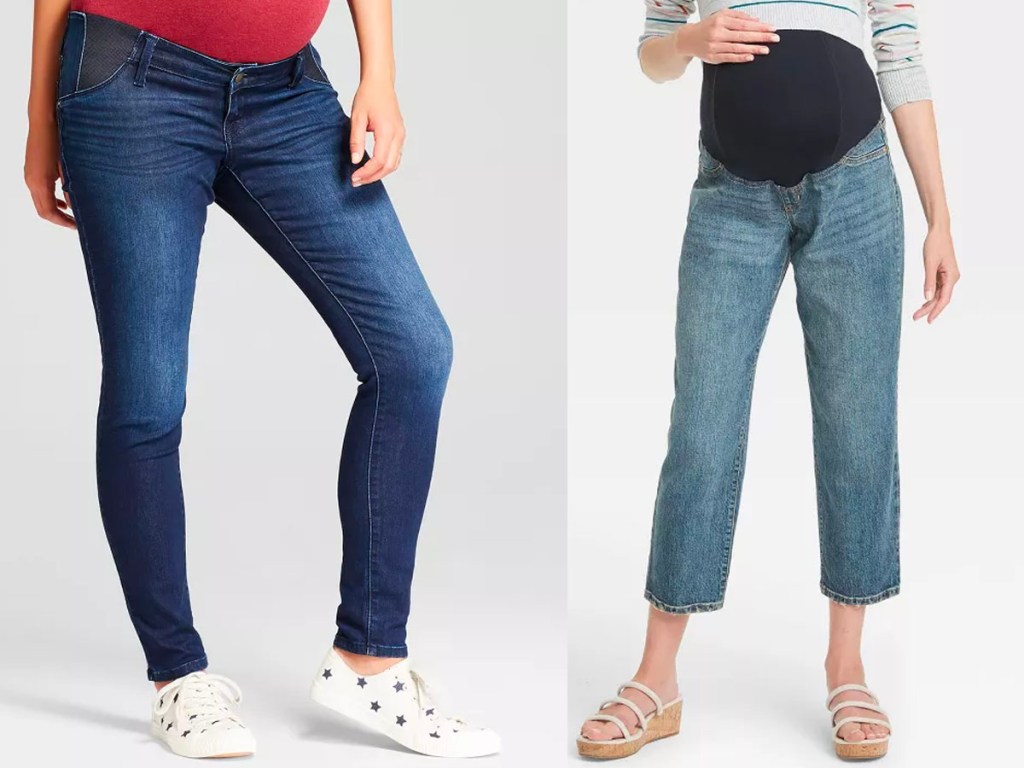 two women wearing maternity jeans