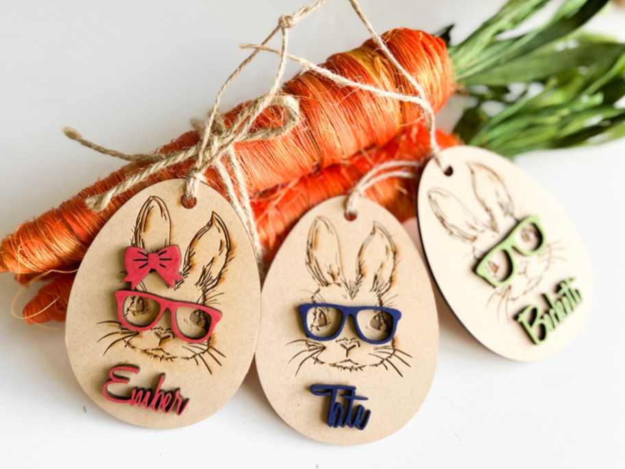 bunny in glasses on wooden tag