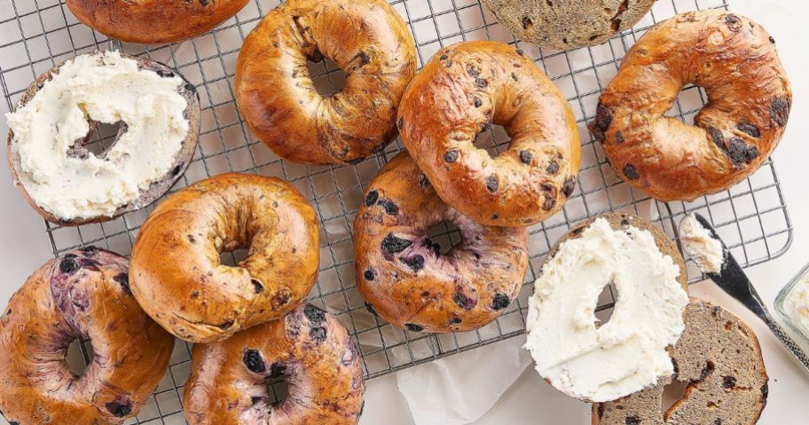 sweet and savory bagels on a cooling rack