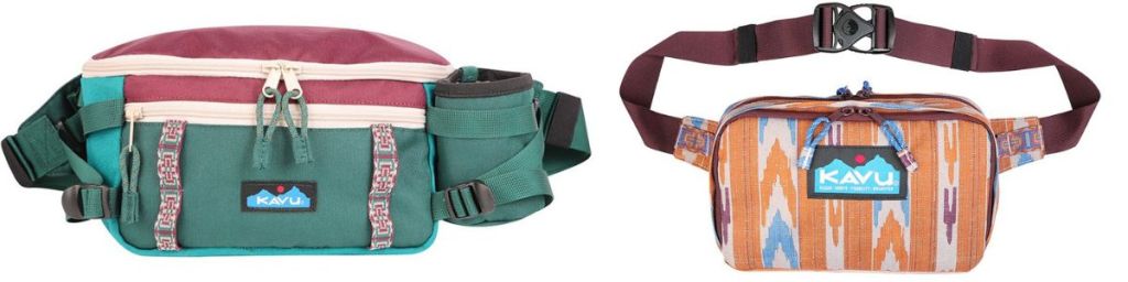 two multicolored KAVU belt bags