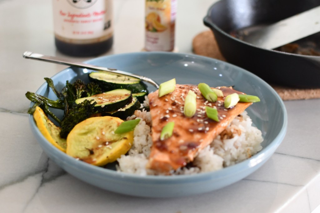 salmon rice and veggies in bowl