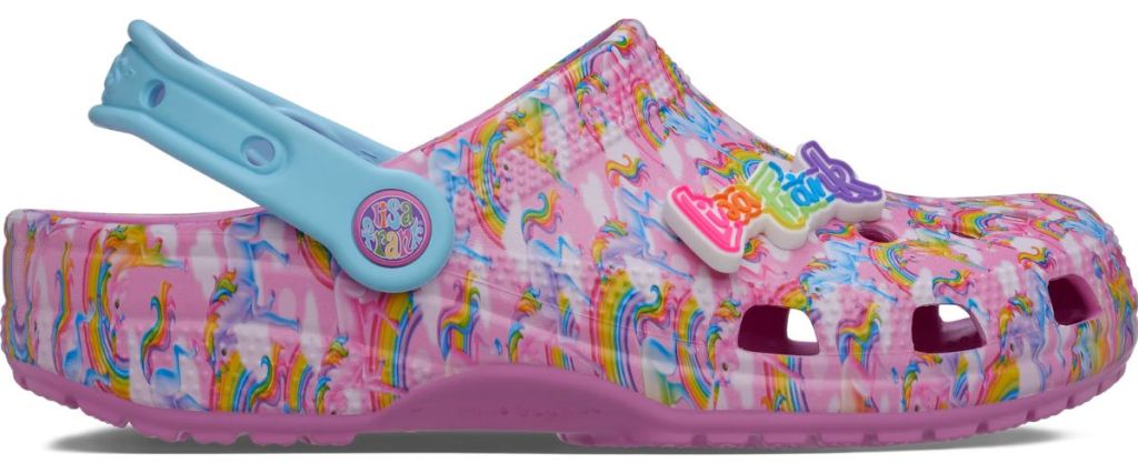 lisa frank clogs with blue and pink unicorn graphics