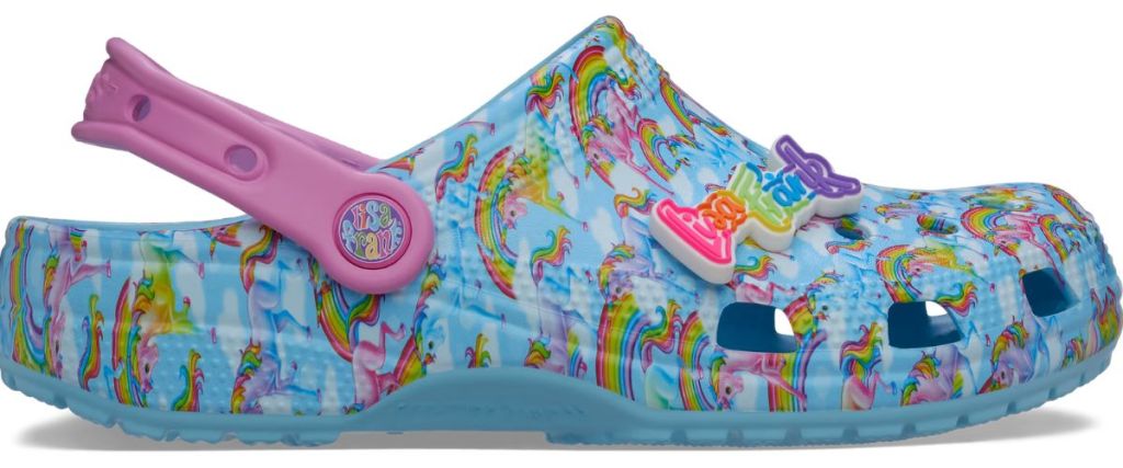 lisa frank clogs with pink and blue unicorn graphics