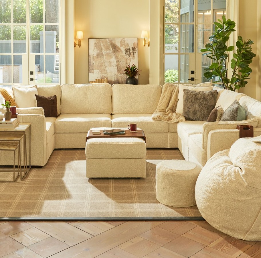living room with beige sectional and Lovesac