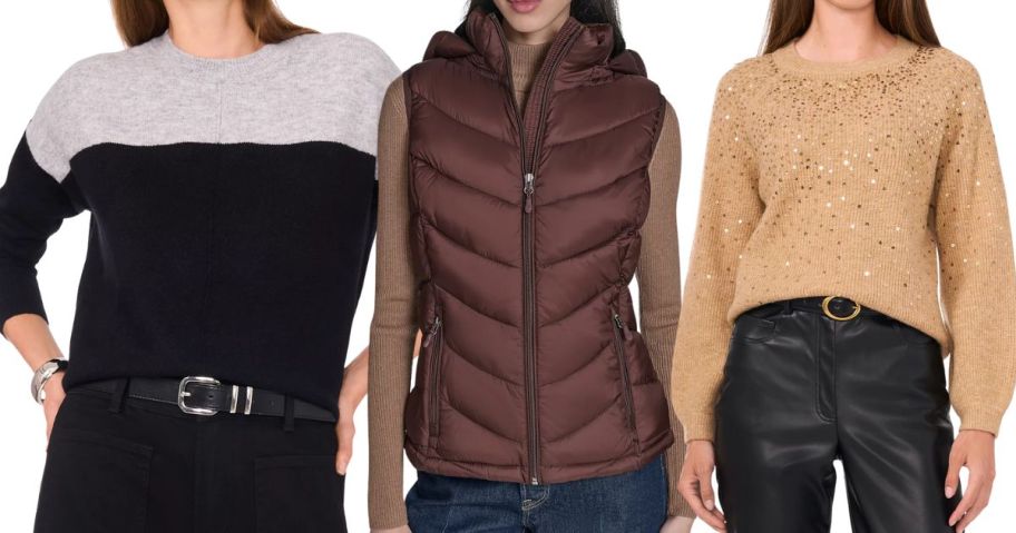 two women wearing sweaters and one wearing a puffer vest