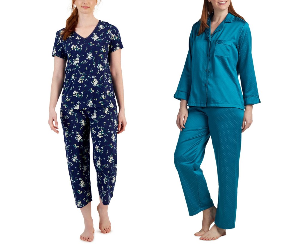 women wearing navy floral and teal pajamas