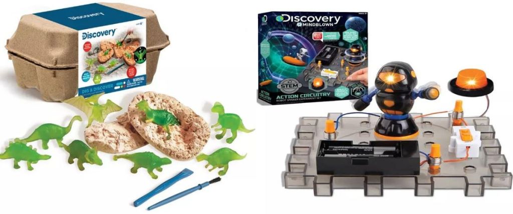 Discovery Kids Dig and Discover Dinosaurs Excavation Eggs 8-Piece Set and Discovery #Mindblown Toy Circuitry Action Experiment Robot Spinner