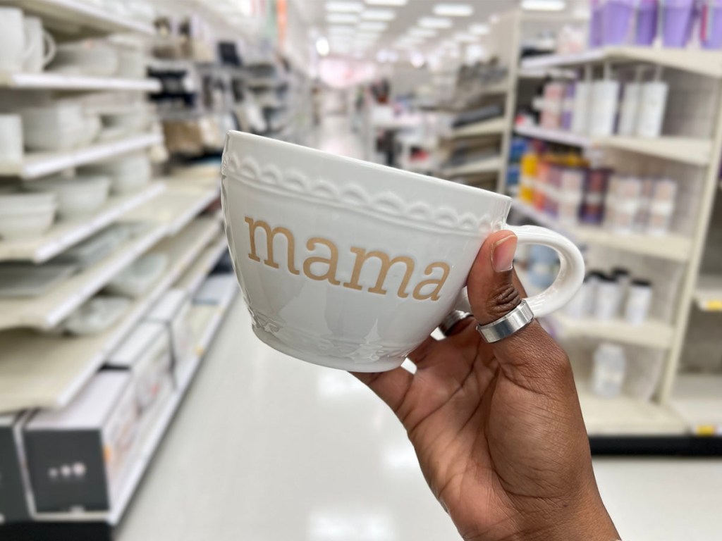 hand holding white mama mug