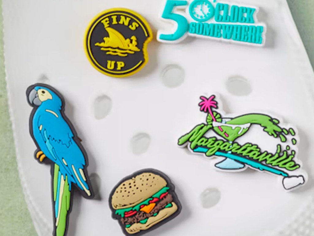 margaritaville charms parrot, burger, and more on white crocs
