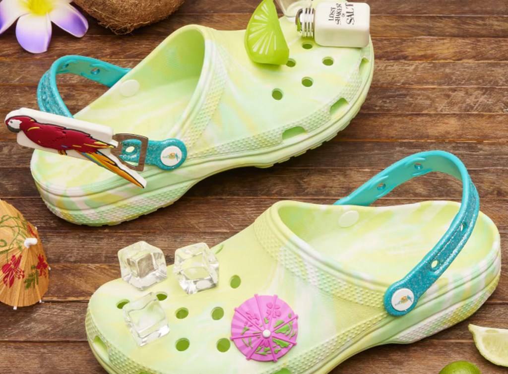 margaritaville crocs with parrot, umbrella and ice croc charms